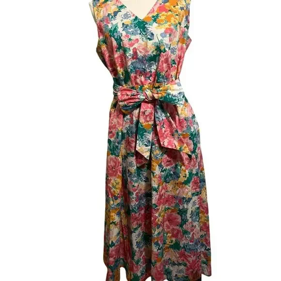 Ann Klein Medium Dress Floral Cotton V Neck Floral Tea Length Cottage Whimsy - Picture 2 of 15